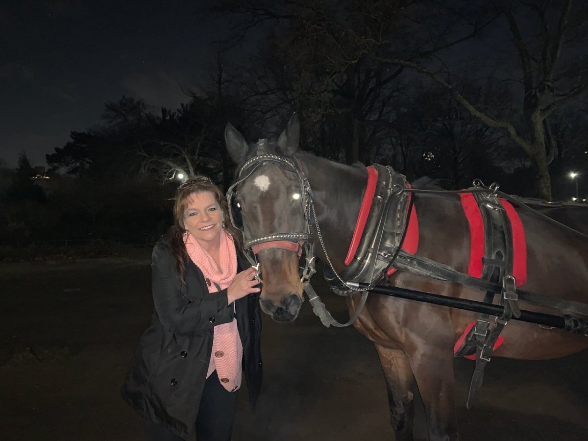 a woman pulling a man on a horse drawn carriage